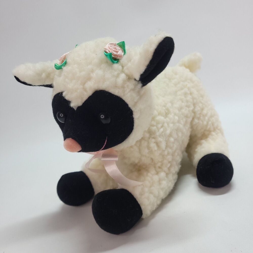 Toy O Rama baa baa Sheep Plush 8" Black & White Sherpa Lamb vtg shaker sound